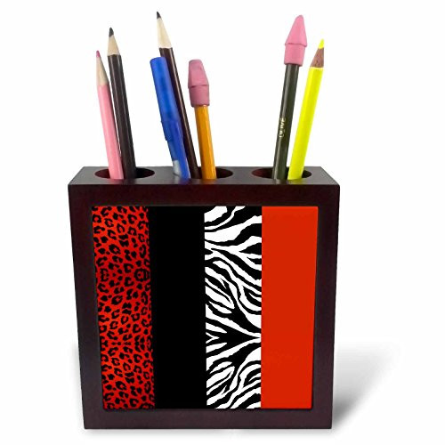 3dRose Red, Black, Orange and White Animal Print - Leopard and Zebra Tile Pen Holder, 5" (ph_35438_1), 5"