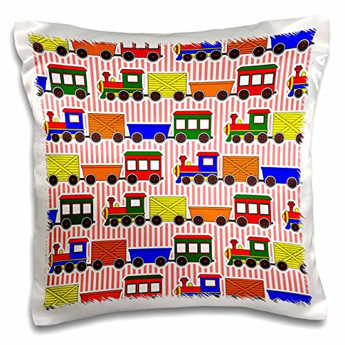 3dRose pc_25428_1 Cute Train Print Primary Colors Red Stripe Background-Pillow Case, 16 by 16"