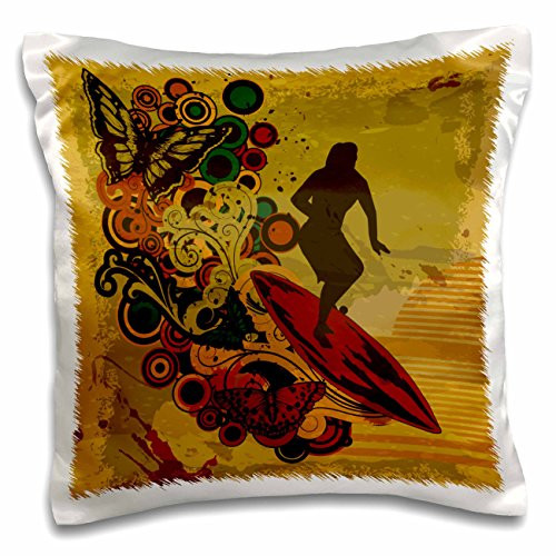 3dRose pc_104485_1 Grunge Woman Surfer Pop Art and Butterflies Summer Design-Pillow Case, 16 by 16"