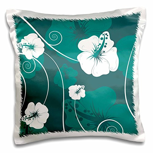 3dRose pc_106891_1 Lovely White Hibiscus Tropical Flowers on Teal and Turquoise Background-Pillow Case, 16 by 16"