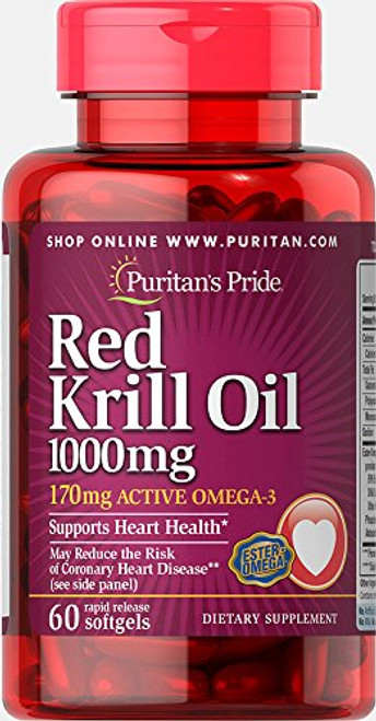 Puritans Pride Red Krill Oil 1000 Mg (170 Mg Active Omega-3) Softgels, 60 Count