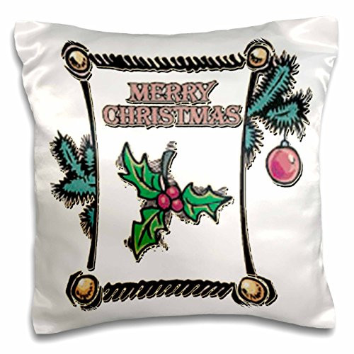 3dRose pc_160456_1 Fancy Merry Christmas with Holly and Berries Pillow Case, 16" x 16"