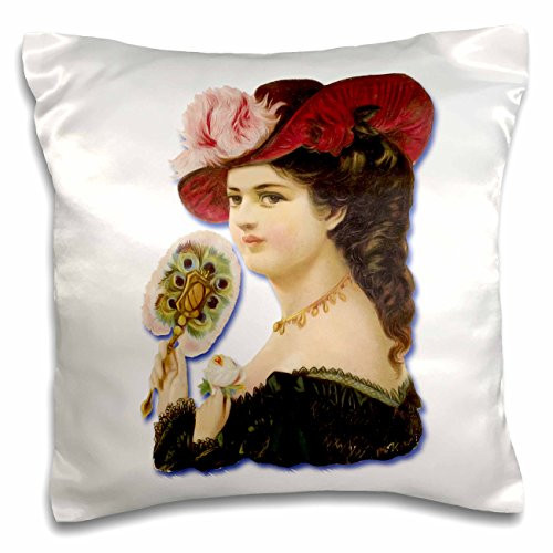 3dRose pc_175396_1 Beautiful Victorian Lady in A Feathered Hat Holding A Feather Fan Pillow Case, 16" x 16"