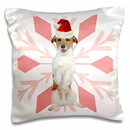 3dRose pc_203005_1 Jack Russell Terrier JTR Dog Red Santa Hat with Christmas Snowflakes Pillow Case, 16" x 16"