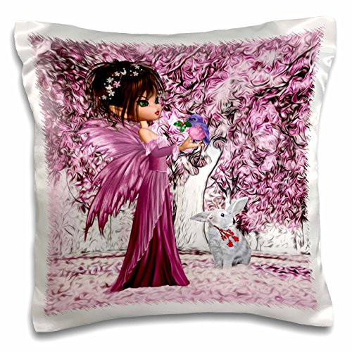 3dRose pc_218898_1 Pink Woodland Fairy Enchanted Forest with a Snow White Bunny Pillow Case, 16" x 16"