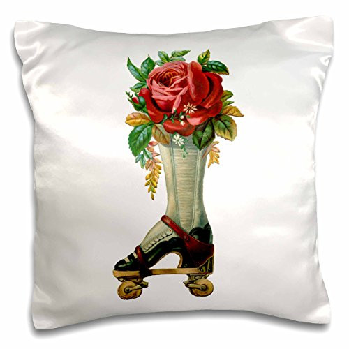 3dRose Vintage Victorian Steampunk Roller Skate Boot with Red Rose Bouquet-Pillow Case, 16 by 16" (pc_102679_1)