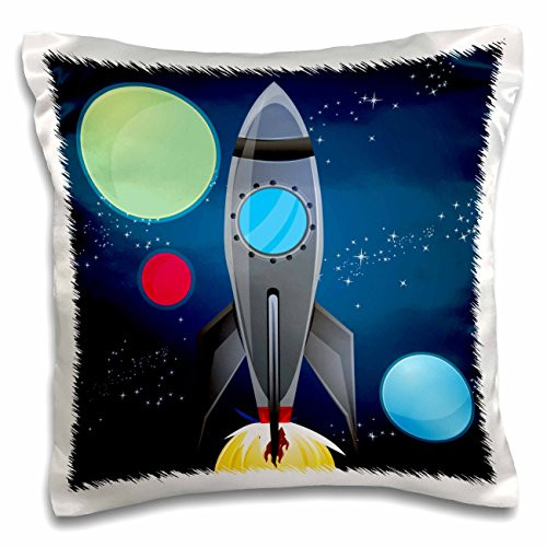 3dRose Boys Rocket Ship with Planets Design on A Dark Blue Background-Pillow Case, 16 by 16" (pc_111577_1)