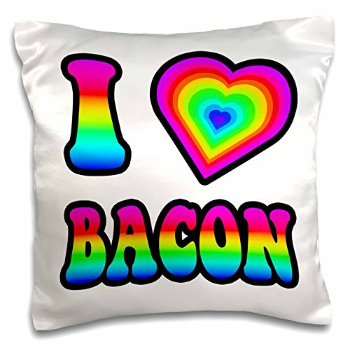 3dRose Groovy Hippie Rainbow I Heart Love Bacon-Pillow Case, 16 by 16" (pc_217352_1)