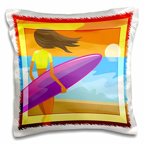 3dRose pc_98684_1 Pretty Surfer Girl Beach Art - Pillow Case, 16 by 16"