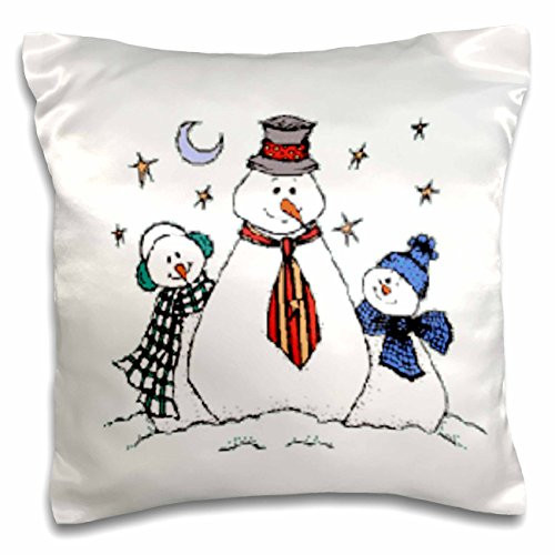 3dRose pc_35872_1, "Three Snowmen" Printed, Satin, Envelope closure type, Square pillow case, 16 x 16 inches, White