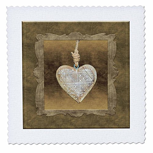 3D Rose Wooden Heart On Rope Framed Gold Background Quilt 10 x 10
