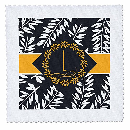 3D Rose Charcoal and White Leafy Print with Golden Yellow for Monogram L Quilt 10 x 10