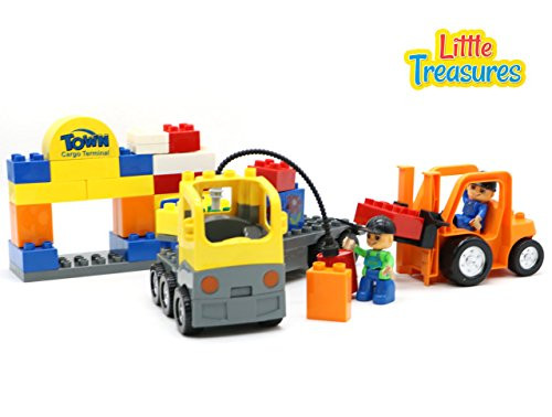 Little Treasures Busy City Construction Toy Set with Vehicles, Pre-Kindergarten Large Building Block Toys for Toddlers, 43 Piece