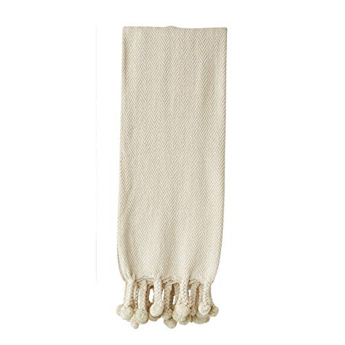 Creative Co-Op Cream Cotton Poms Throw, Off- Off-White
