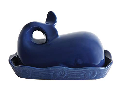 Creative Co-Op DA9482 Dark Blue Whale Shaped Butter Dish with Lid