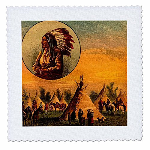 3D Rose Vintage Illustration of Native American from A Magic Lantern Slide Quilt 10 x 10