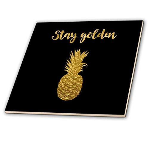 3dRose ct_274741_1 Stay Golden Typography and Pineapple Ceramic Tiles, 4"