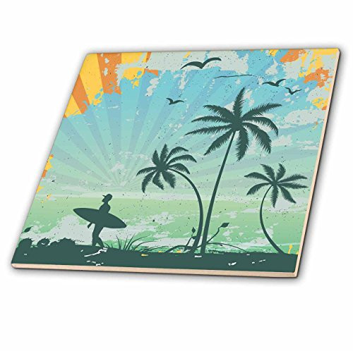 3dRose ct_104506_3 Grunge Summer Vector Surfer on The Beach Scene Ceramic Tile, 8-Inch