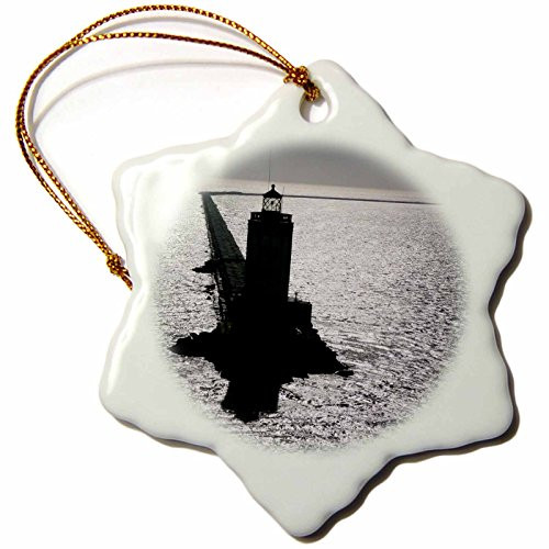 3dRose orn_22793_1 Lighthouse at The End of a Long Breakwater Long Beach California USA Porcelain Snowflake Ornament, 3-Inch
