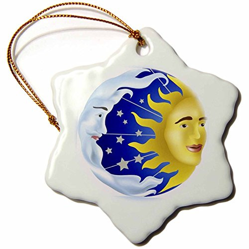 3dRose orn_39599_1 Sun Moon and Stars Snowflake Decorative Hanging Ornament, Porcelain, 3-Inch