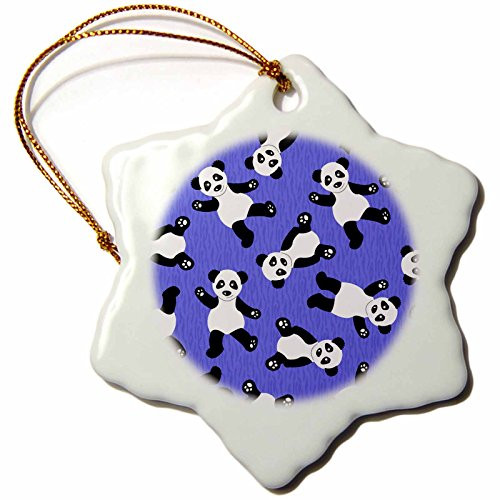3dRose orn_40926_1 Cute Happy Cartoon Panda Print on Blue Fur Print Background Snowflake Ornament, Porcelain, 3-Inch