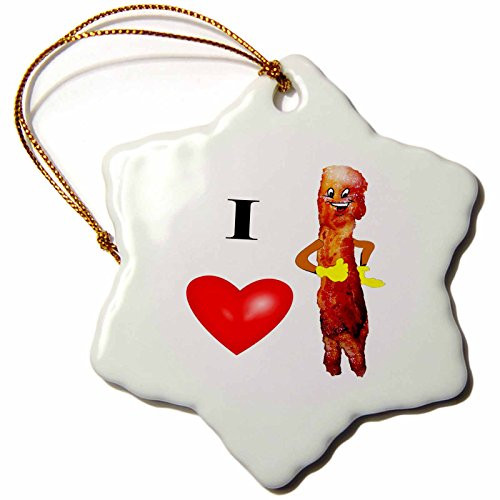 3dRose orn_44535_1 I Love Bacon Snowflake Decorative Hanging Ornament, Porcelain, 3-Inch