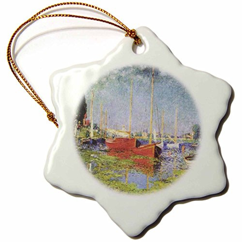 3dRose orn_49342_1 Monets Red Boats at Argenteui Snowflake Porcelain Ornament, 3-Inch