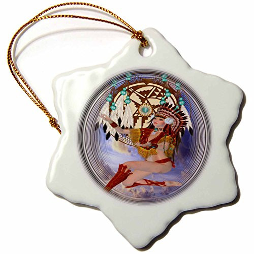 3dRose orn_52220_1 Indian Maiden Beautiful Indian Art with Dream Catcher-Snowflake Ornament, Porcelain, 3-Inch