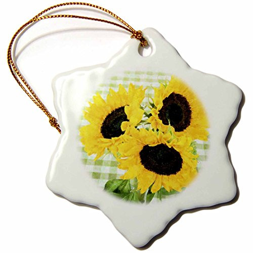 3dRose ORN_52338_1 Country Sunflowers on Checkered Tablecloth Snowflake Ornament, Porcelain, 3-Inch