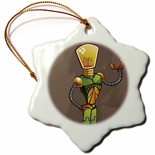 3dRose ORN_53069_1 Retro Robot with a Lightbulb for its Head Snowflake Porcelain Ornament, 3-Inch