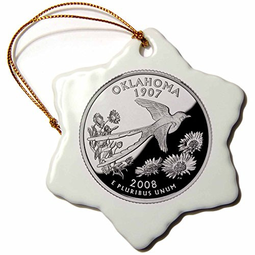 3dRose orn_55290_1 State Quarter of Oklahoma PD-US Snowflake Porcelain Ornament, 3-Inch