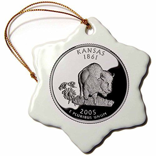 3dRose orn_55436_1 State Quarter of Kansas PD-US Snowflake Porcelain Ornament, 3-Inch