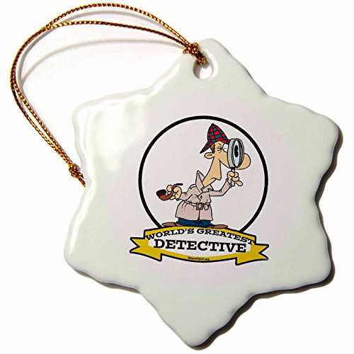 3dRose LLC orn_103116_1 Porcelain Snowflake Ornament, 3-Inch, "Funny Worlds Greatest Detective II Cartoon"