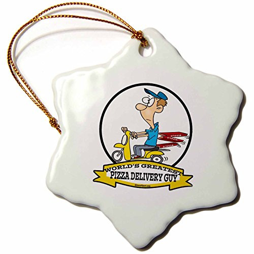 3dRose LLC ORN_103446_1 Porcelain Snowflake Ornament, 3-Inch, Funny Worlds Greatest Pizza Delivery Guy Cartoon