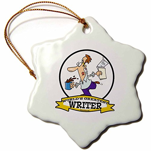 3dRose ORN_103647_1 Funny Worlds Greatest Writer Occupation Job Cartoon-Snowflake Ornament, Porcelain, 3-Inch