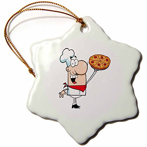 3dRose ORN_118655_1 Funny Cartoon Pizza Pie Chef-Snowflake Ornament, Porcelain, 3-Inch