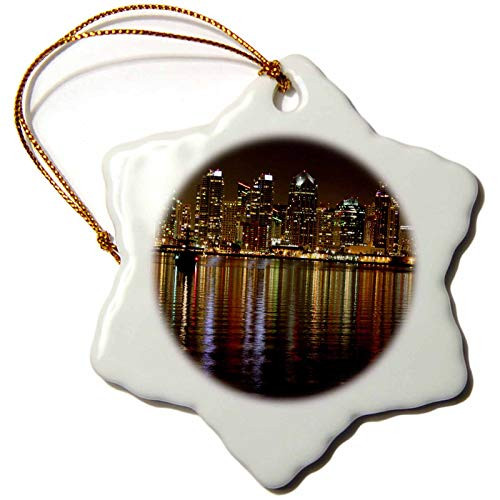3dRose ORN_157584_1 The Skyline of San Diego at Night with Reflection in The Water Snowflake Ornament, Porcelain, 3-Inch