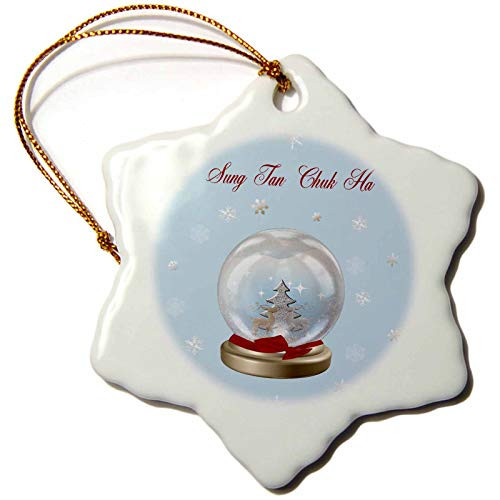 3dRose LLC ORN_160036_1 Porcelain Snowflake Ornament, 3-Inch, Snow Globe Deer, Tree and Snowflakes, Merry Christmas in Korean