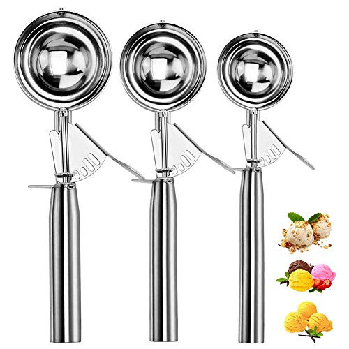 YOSTAR Ice Cream Scoop Stainless Steel, Cookie Scoop Set, 3 PCS Ice Cream Scoop Trigger Release Include Large-Medium-Small Size, 18/8 Stainless Steel Cookie Scoop, Melon Scoop (Heavy Duty Set of 3)