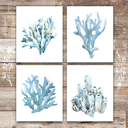 Beach Wall Decor Art Prints (Set of 4) - Unframed - 8x10s | Coral