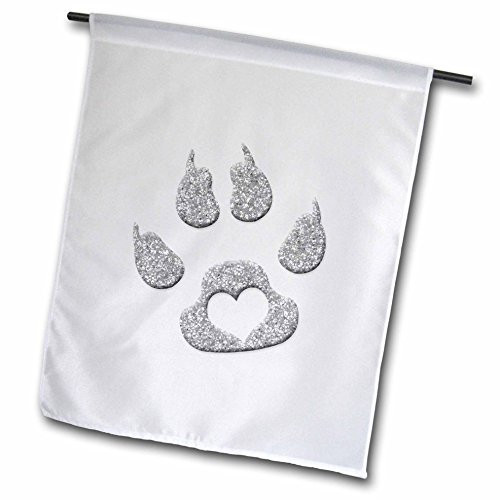 3dRose Fl_41072_1 Cats Paw Print with Heart Silver Glitter Garden Flag, 12 by 18-Inch