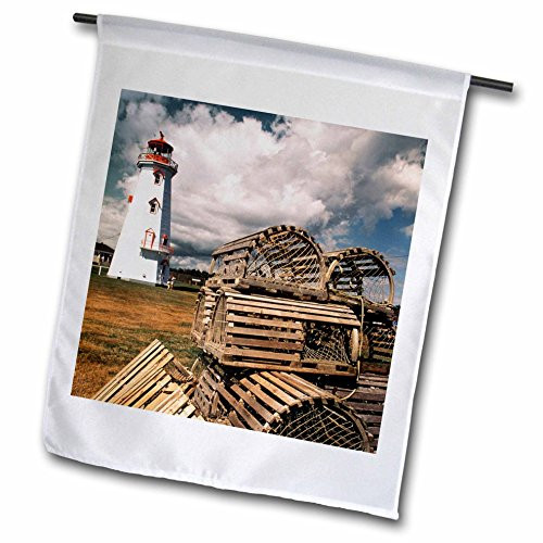 3dRose fl_189283_1 Canada, Prince Edward Island, East Point Lighthouse and Lobster Traps Garden Flag, 12 by 18-Inch