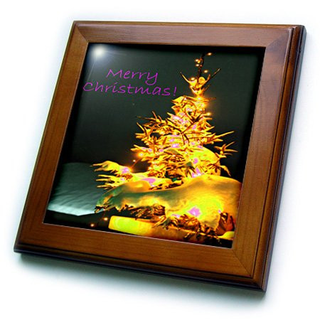 3dRose ft_8855_1 Pretty Christmas Tree Merry Christmas in Gold with Pink Text-Framed Tile, 8 by 8-Inch