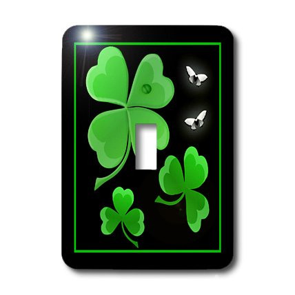 3dRose lsp_11686_1 A Pretty Shamrock Clover Design On A Dark Background With Little Silvery White Butterflies Single Toggle Switch