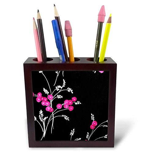 3dRose ph_23464_1 Pink Flowers on Black Tile Pen Holder, 5-Inch