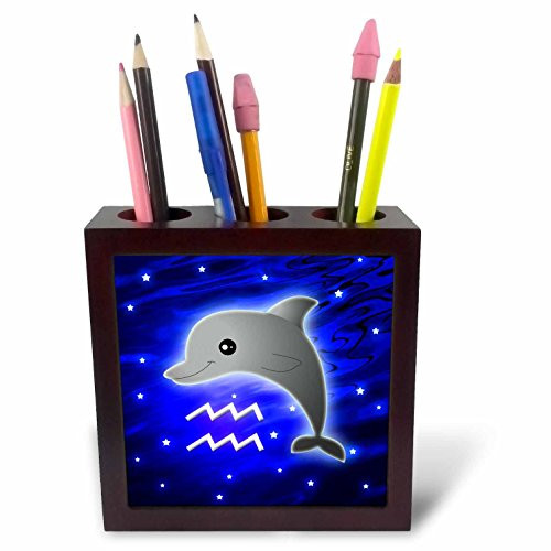 3dRose ph_28555_1 Cute Astrology Aquarius Zodiac Sign Dolphin-Tile Pen Holder, 5-Inch