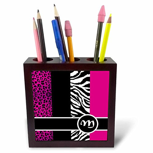 3dRose ph_35622_1 Elegant Animal Print Monogram-Hot Pink M-Tile Pen Holder, 5-Inch