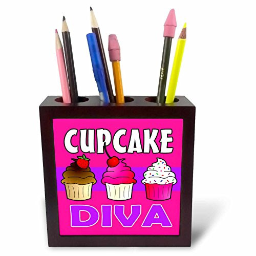 3dRose ph_43133_1 Cupcake Diva-Kawaii Cakes-Pink-Tile Pen Holder, 5-Inch