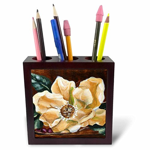 3dRose ph_44364_1 White Magnolia Flower on Dark Wood Background-Tile Pen Holder, 5-Inch