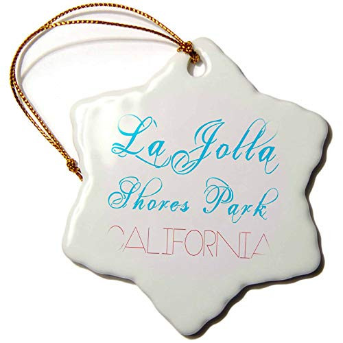 3dRose Alexis Design - American Beaches - La Jolla Shores Park, California. Red, Blue Text on White - 3 inch Snowflake Porcelain Ornament (ORN_288393_1)